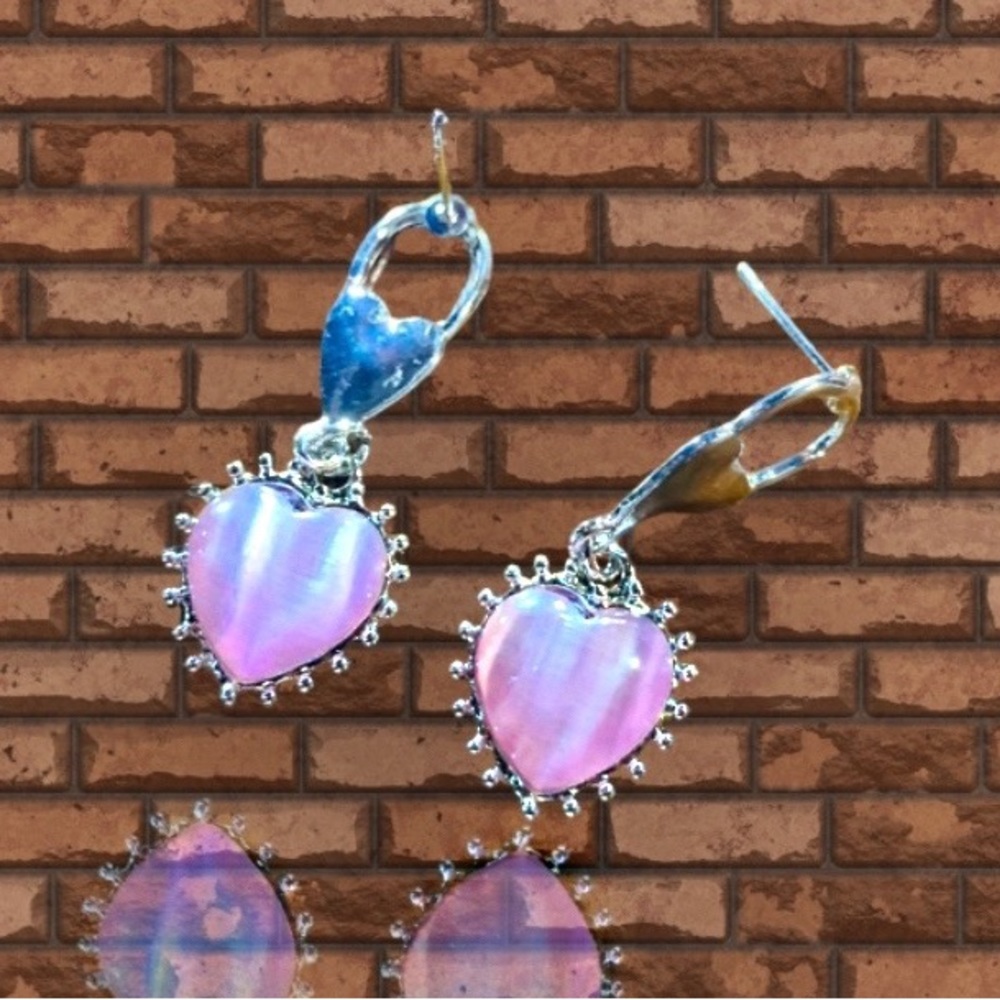 Dangle Drop Pink Opal Heart Shaped Earrings